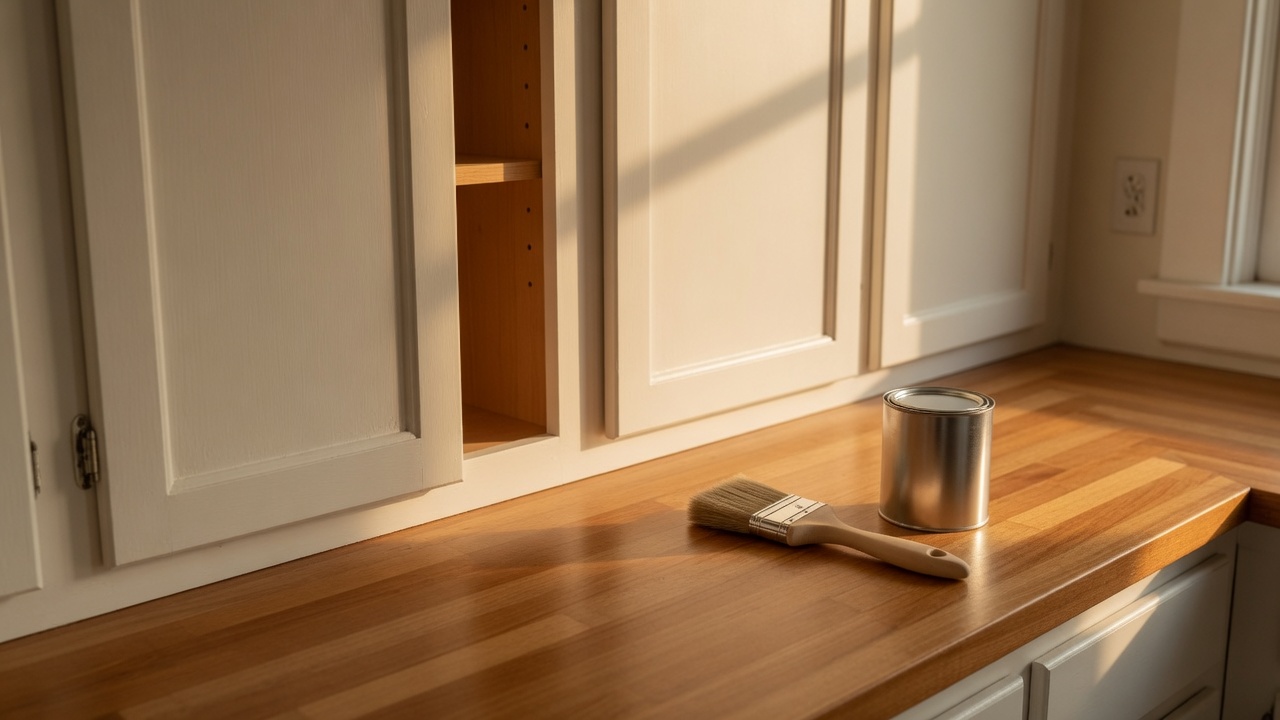 Warm-white cabinet doors with a brush and a plain can on the counter