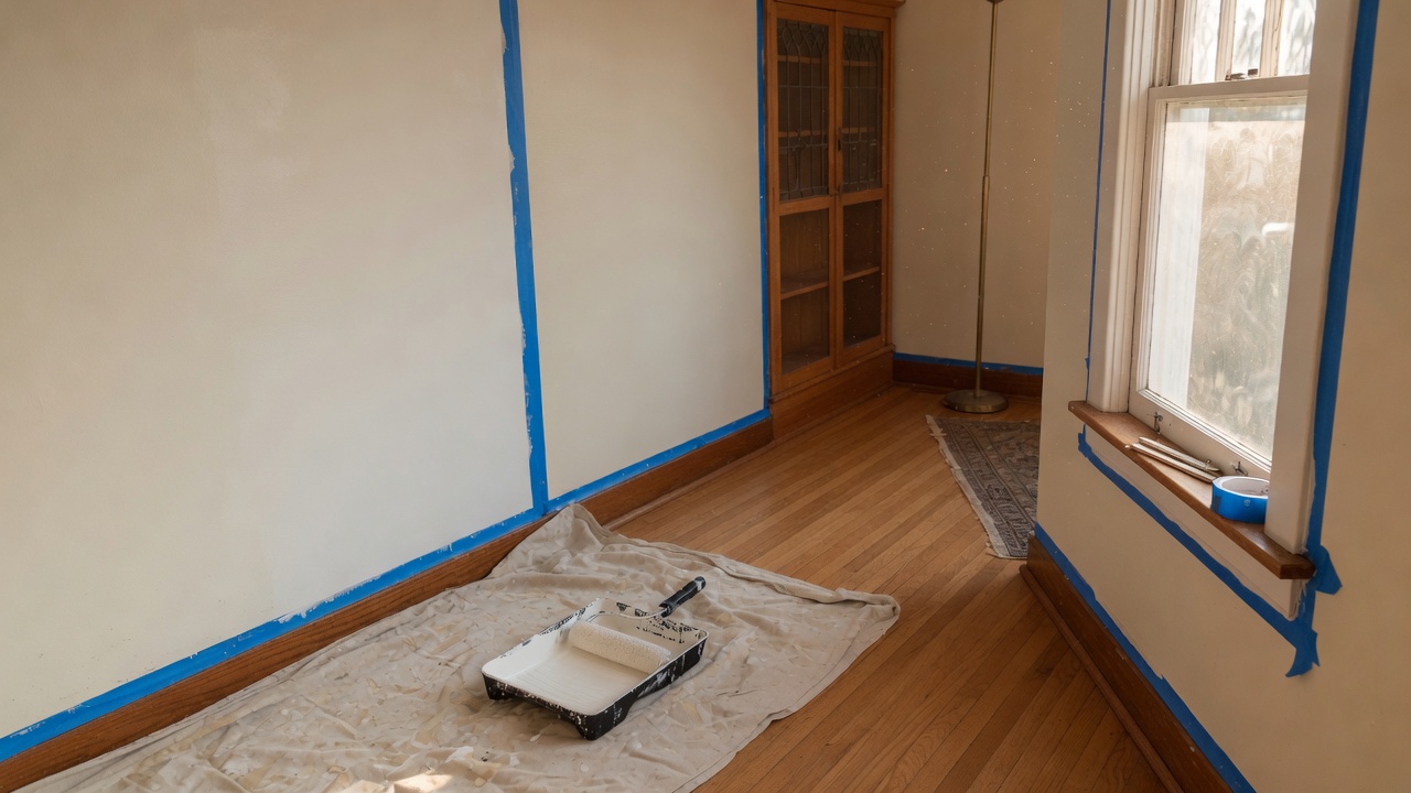 A living room mid-paint, tape on the trim and a roller on the drop cloth