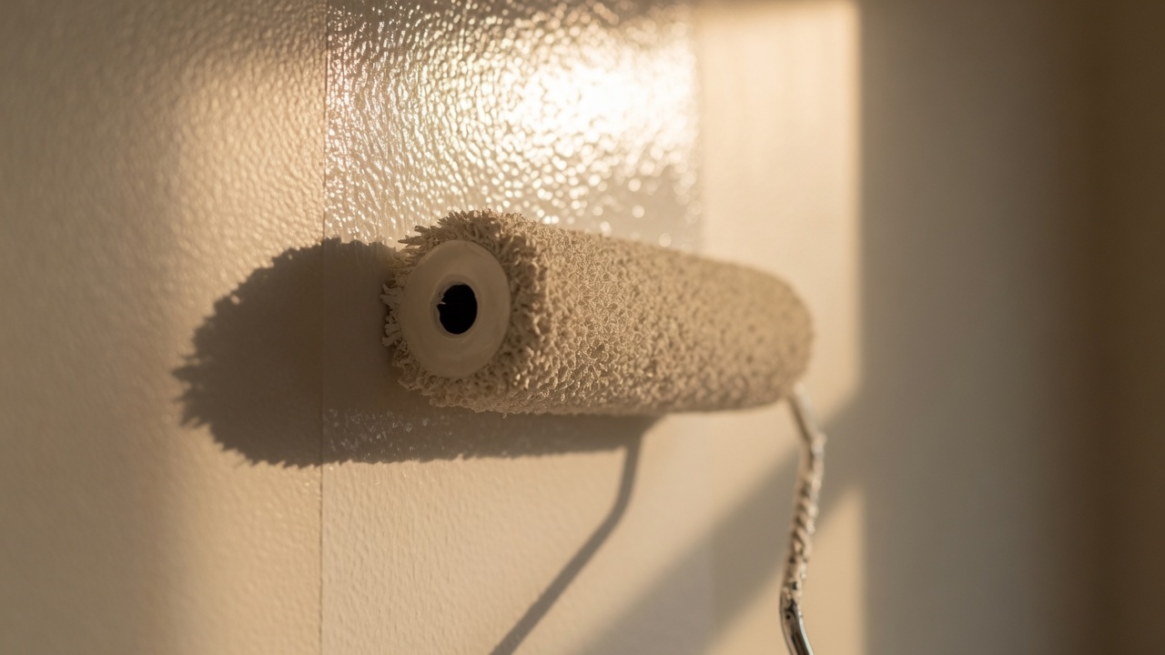 A roller laying a smooth coat of paint in window light